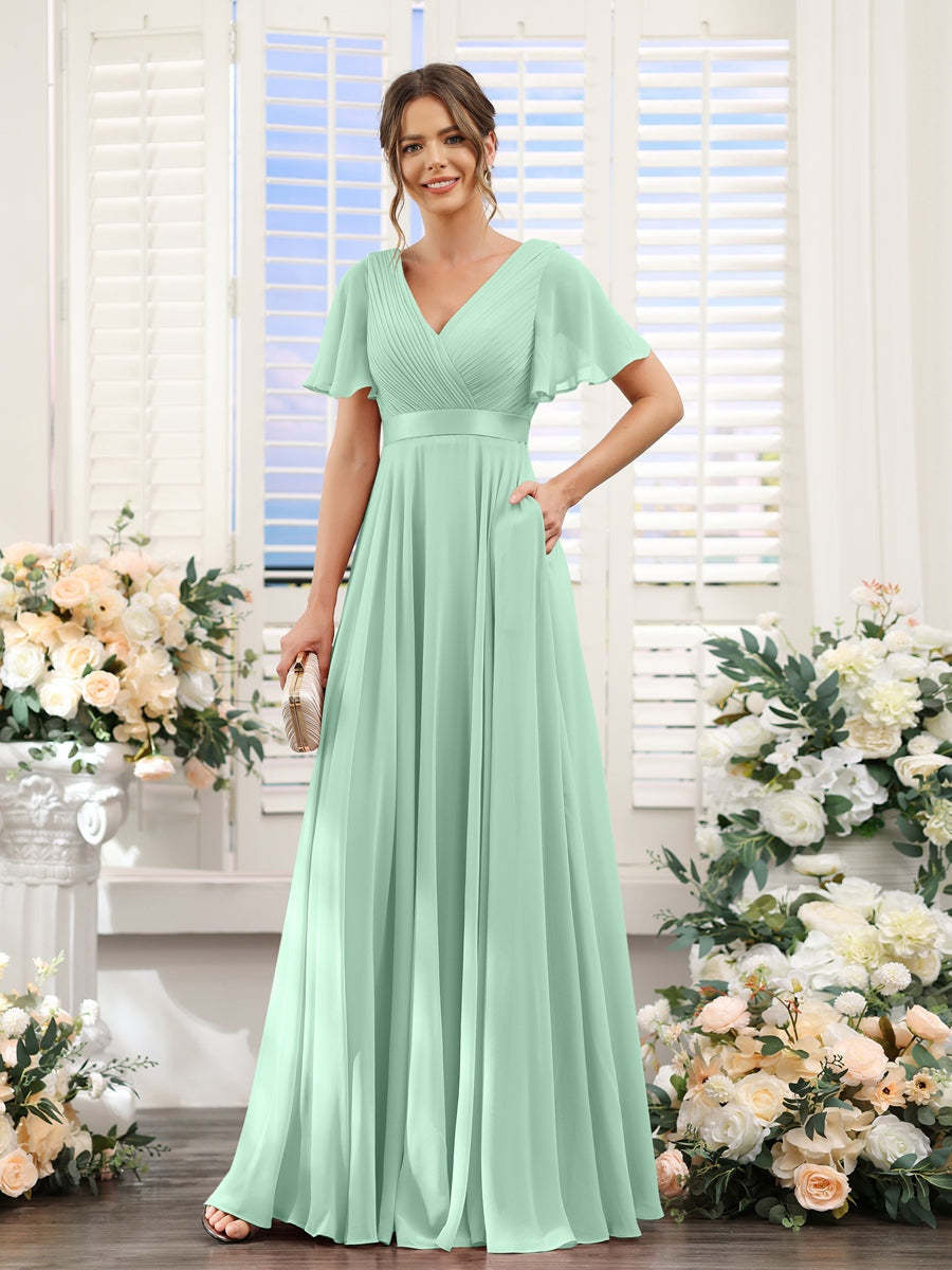 V-Neck A-Line Chiffon Bridesmaid Dresses with Short Sleeves and Pockets