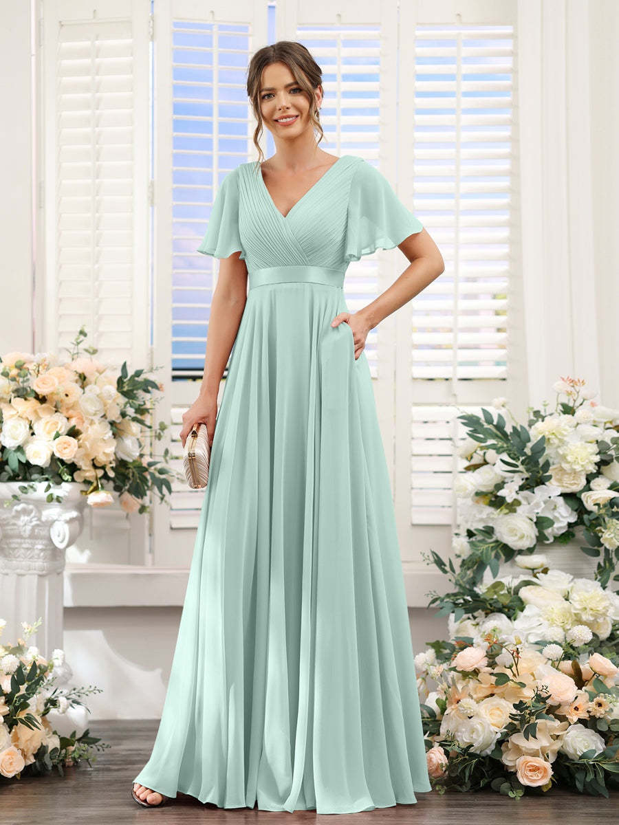 V-Neck A-Line Chiffon Bridesmaid Dresses with Short Sleeves and Pockets