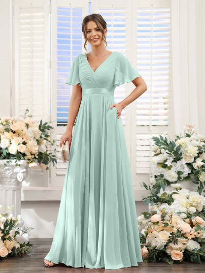 V-Neck A-Line Chiffon Bridesmaid Dresses with Short Sleeves and Pockets