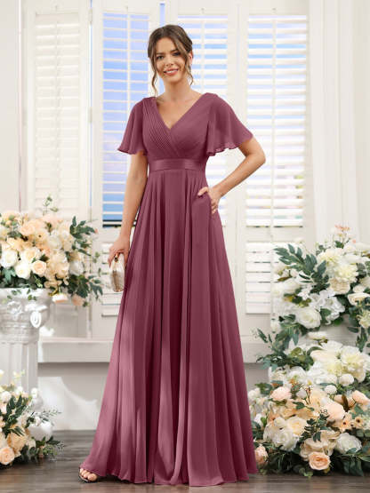 V-Neck A-Line Chiffon Bridesmaid Dresses with Short Sleeves and Pockets