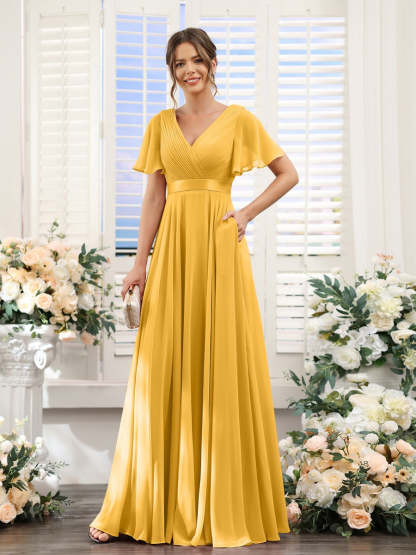 V-Neck A-Line Chiffon Bridesmaid Dresses with Short Sleeves and Pockets