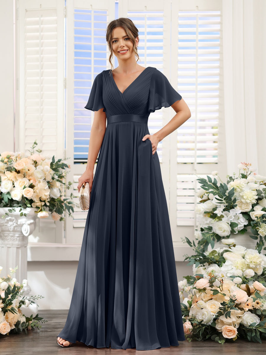 V-Neck A-Line Chiffon Bridesmaid Dresses with Short Sleeves and Pockets