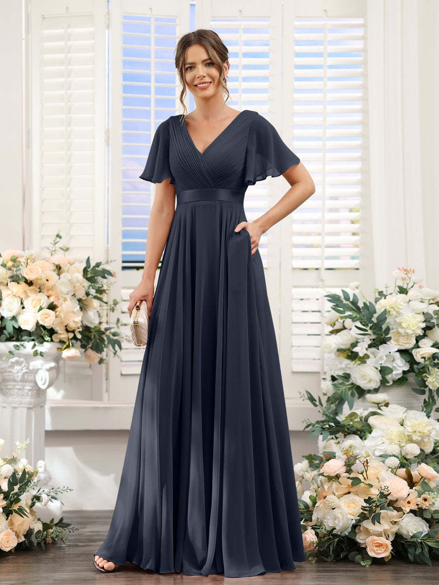V-Neck A-Line Chiffon Bridesmaid Dresses with Short Sleeves and Pockets