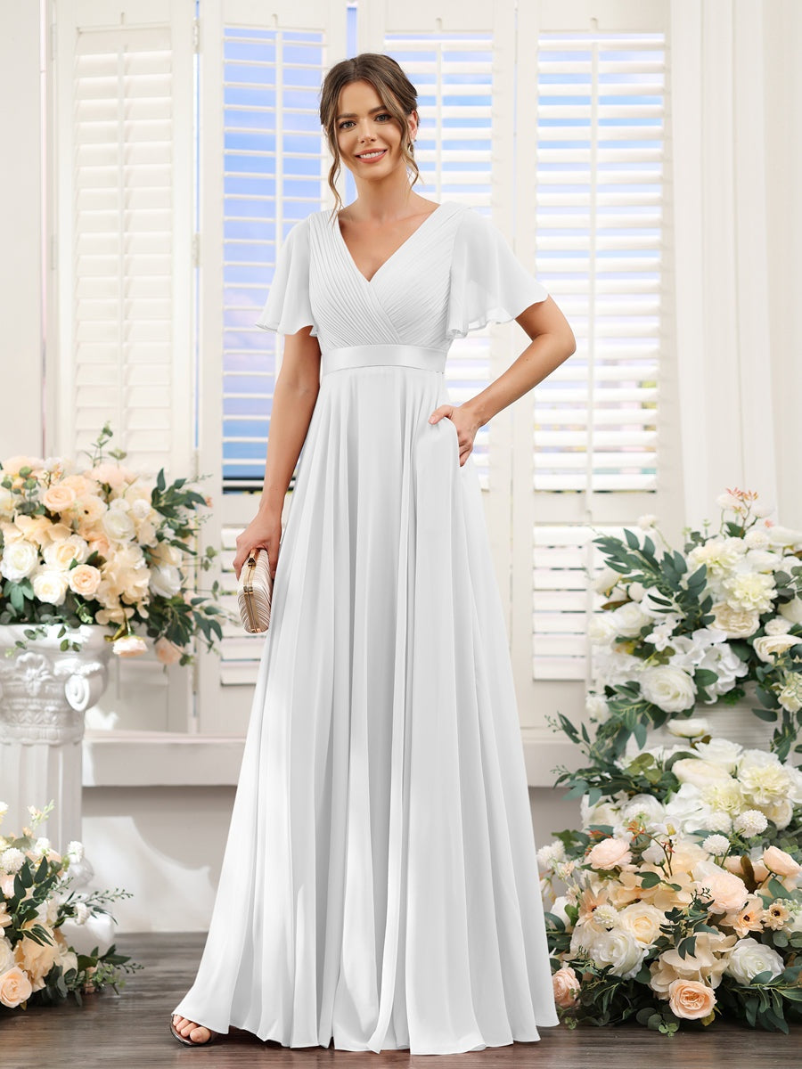 V-Neck A-Line Chiffon Bridesmaid Dresses with Short Sleeves and Pockets