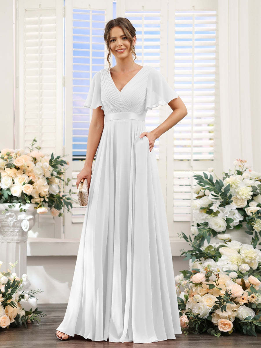 V-Neck A-Line Chiffon Bridesmaid Dresses with Short Sleeves and Pockets