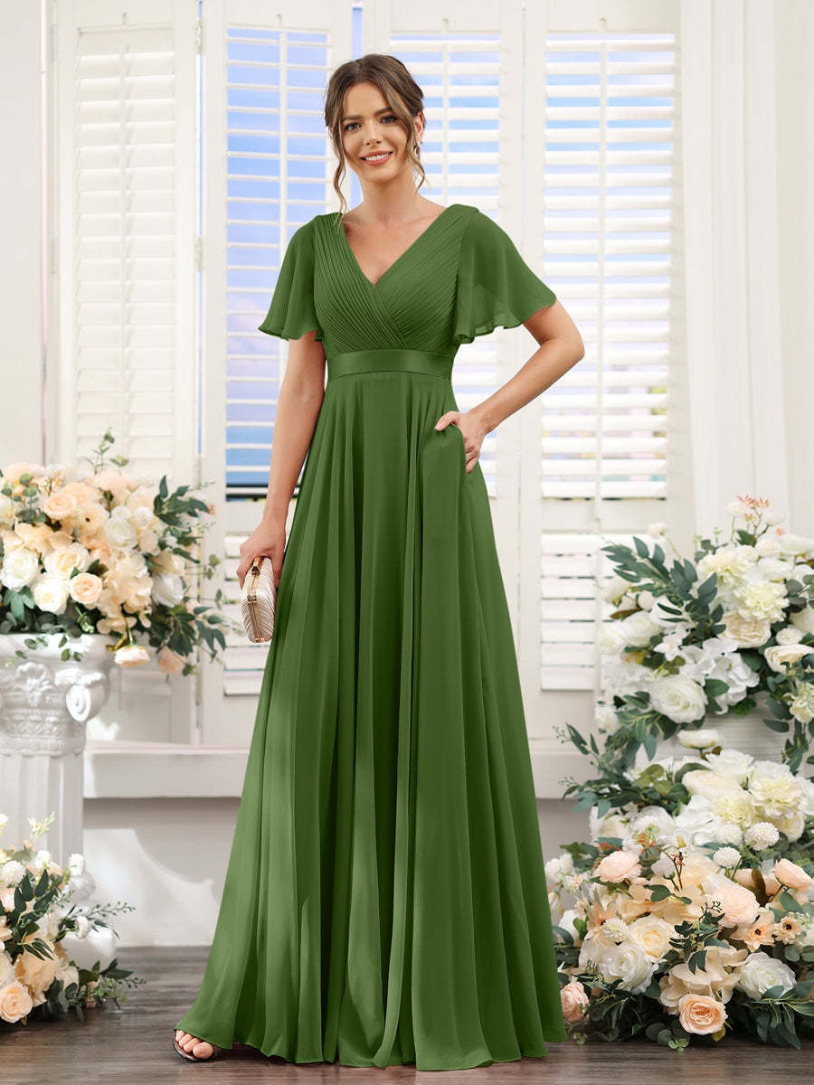V-Neck A-Line Chiffon Bridesmaid Dresses with Short Sleeves and Pockets
