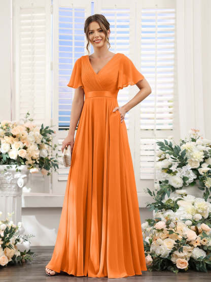 V-Neck A-Line Chiffon Bridesmaid Dresses with Short Sleeves and Pockets