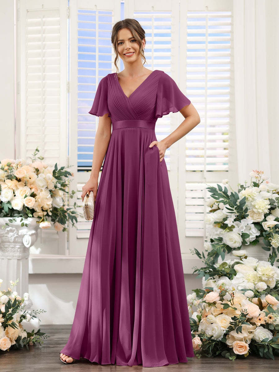 V-Neck A-Line Chiffon Bridesmaid Dresses with Short Sleeves and Pockets