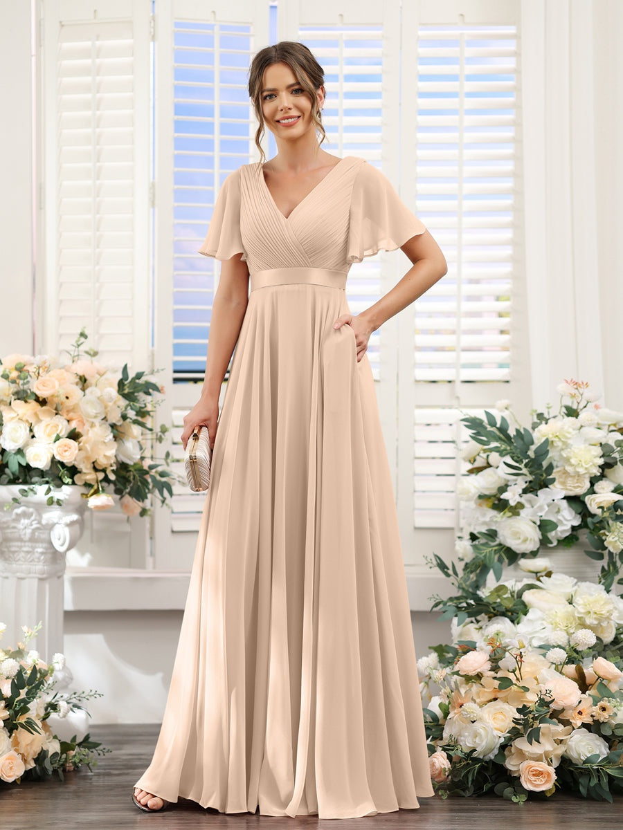 V-Neck A-Line Chiffon Bridesmaid Dresses with Short Sleeves and Pockets