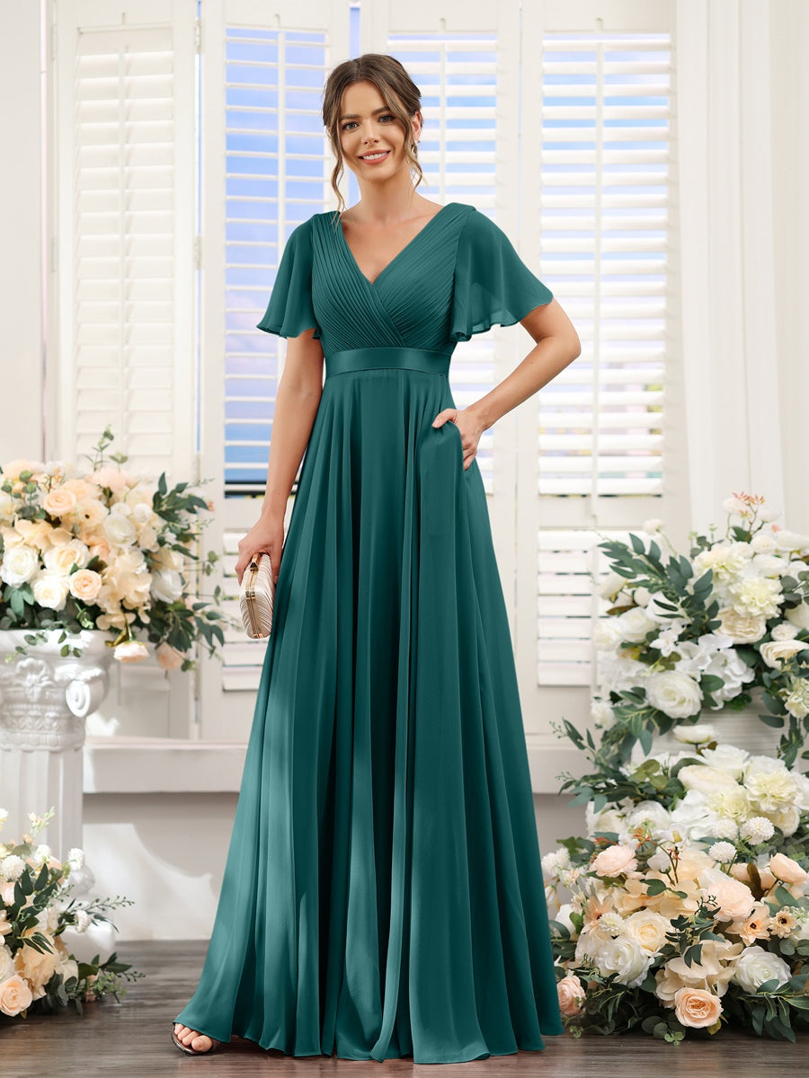 V-Neck A-Line Chiffon Bridesmaid Dresses with Short Sleeves and Pockets