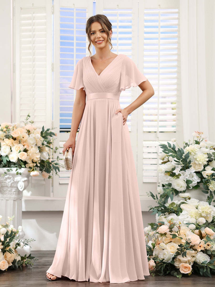 V-Neck A-Line Chiffon Bridesmaid Dresses with Short Sleeves and Pockets