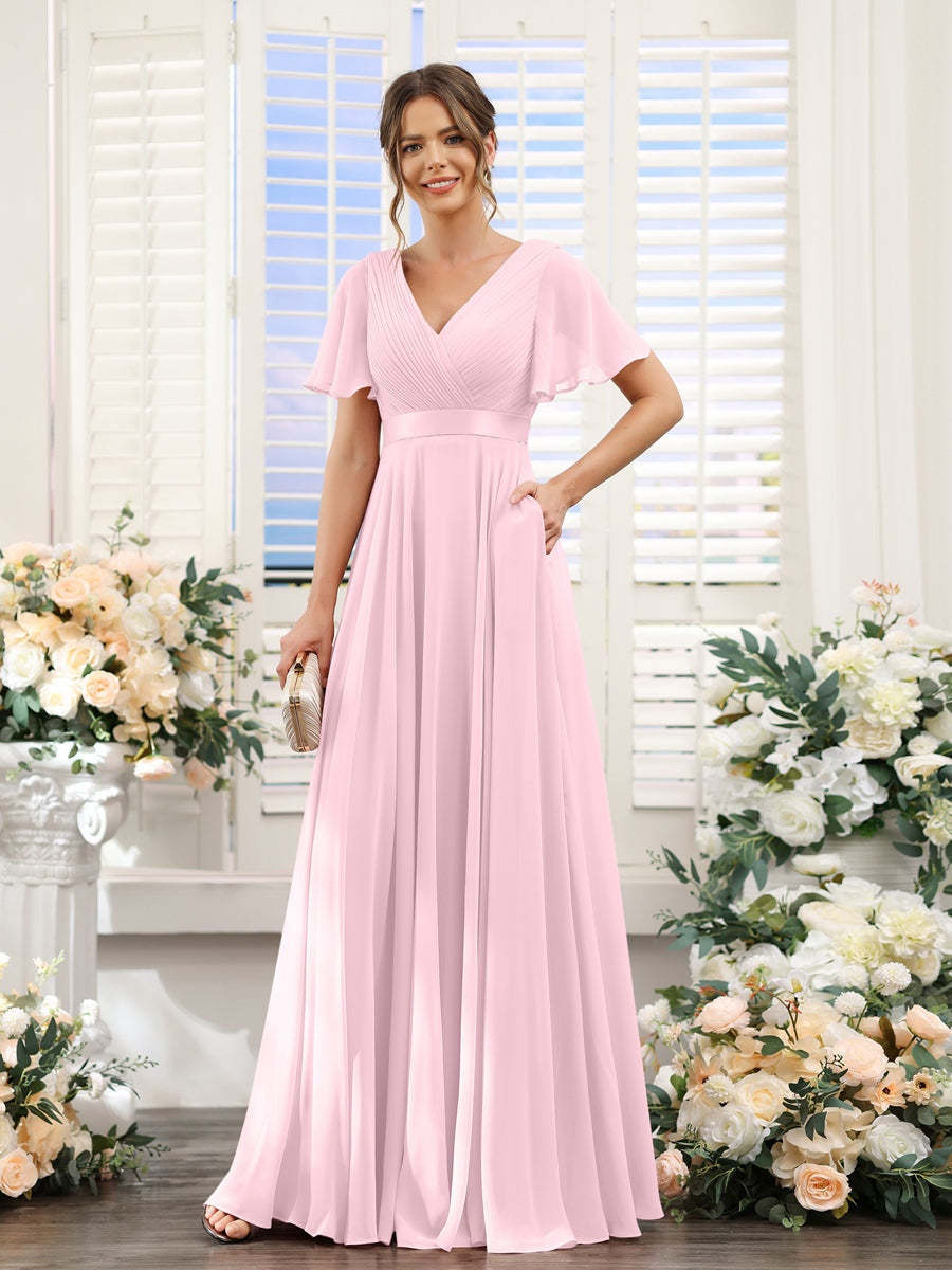 V-Neck A-Line Chiffon Bridesmaid Dresses with Short Sleeves and Pockets