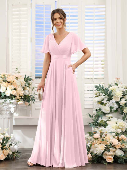V-Neck A-Line Chiffon Bridesmaid Dresses with Short Sleeves and Pockets