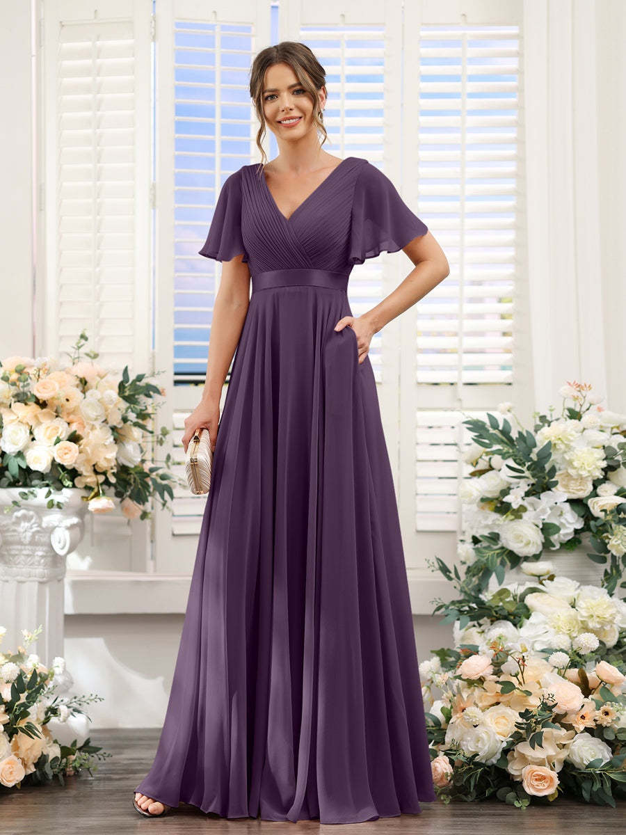 V-Neck A-Line Chiffon Bridesmaid Dresses with Short Sleeves and Pockets