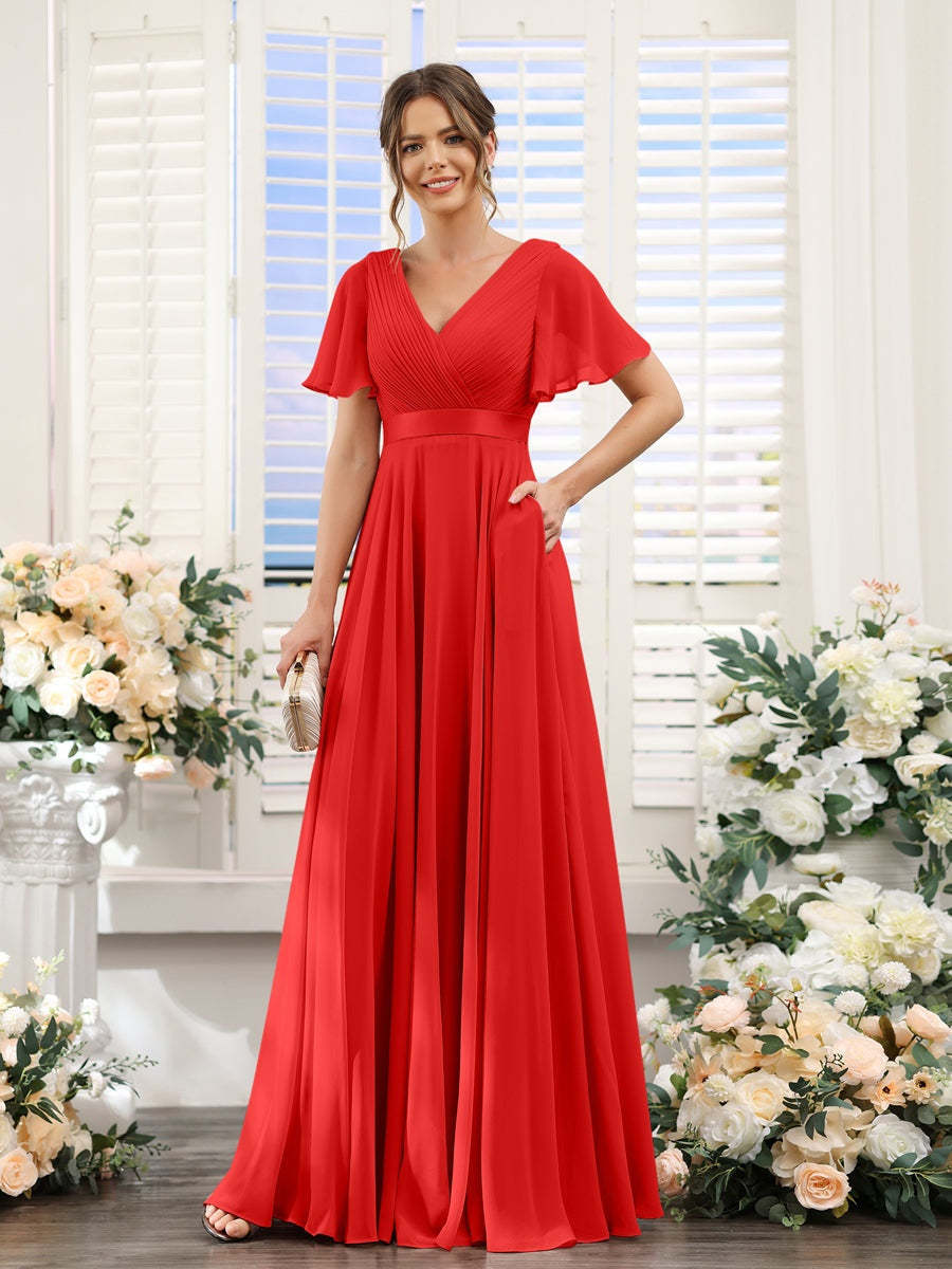 V-Neck A-Line Chiffon Bridesmaid Dresses with Short Sleeves and Pockets