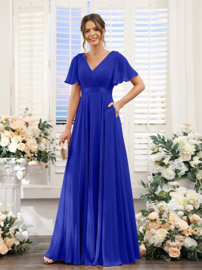 V-Neck A-Line Chiffon Bridesmaid Dresses with Short Sleeves and Pockets