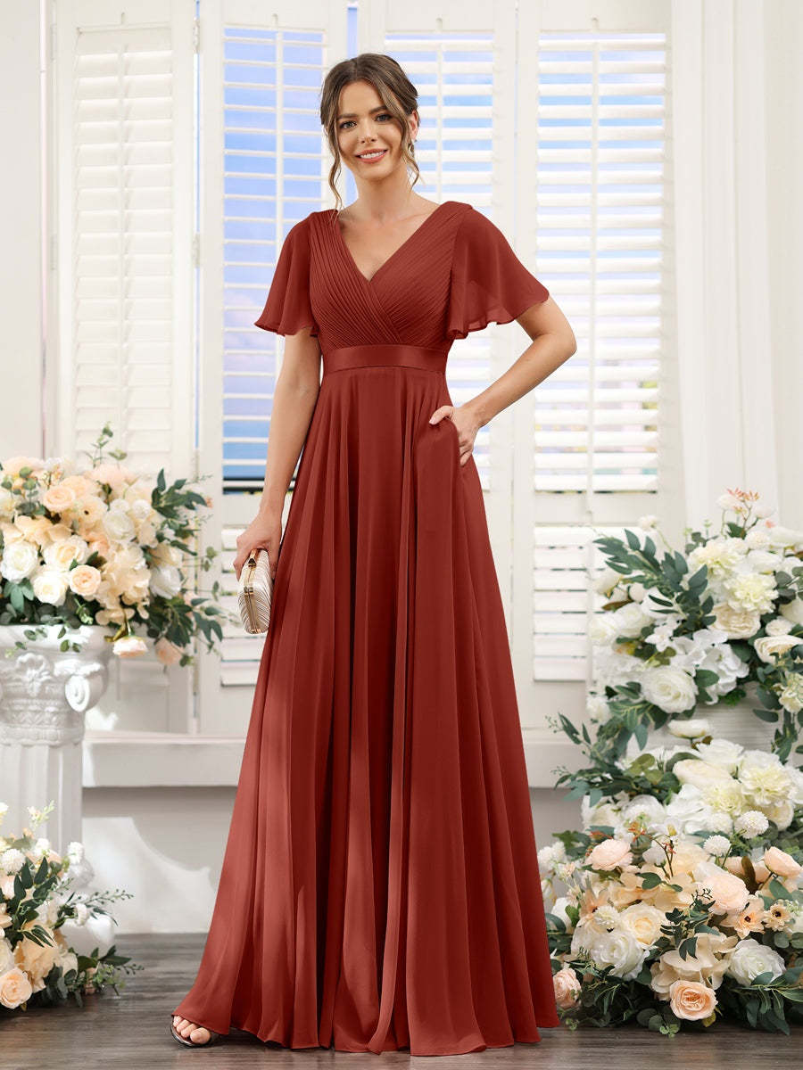 V-Neck A-Line Chiffon Bridesmaid Dresses with Short Sleeves and Pockets