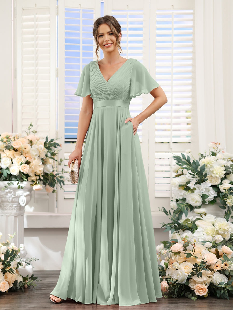 V-Neck A-Line Chiffon Bridesmaid Dresses with Short Sleeves and Pockets