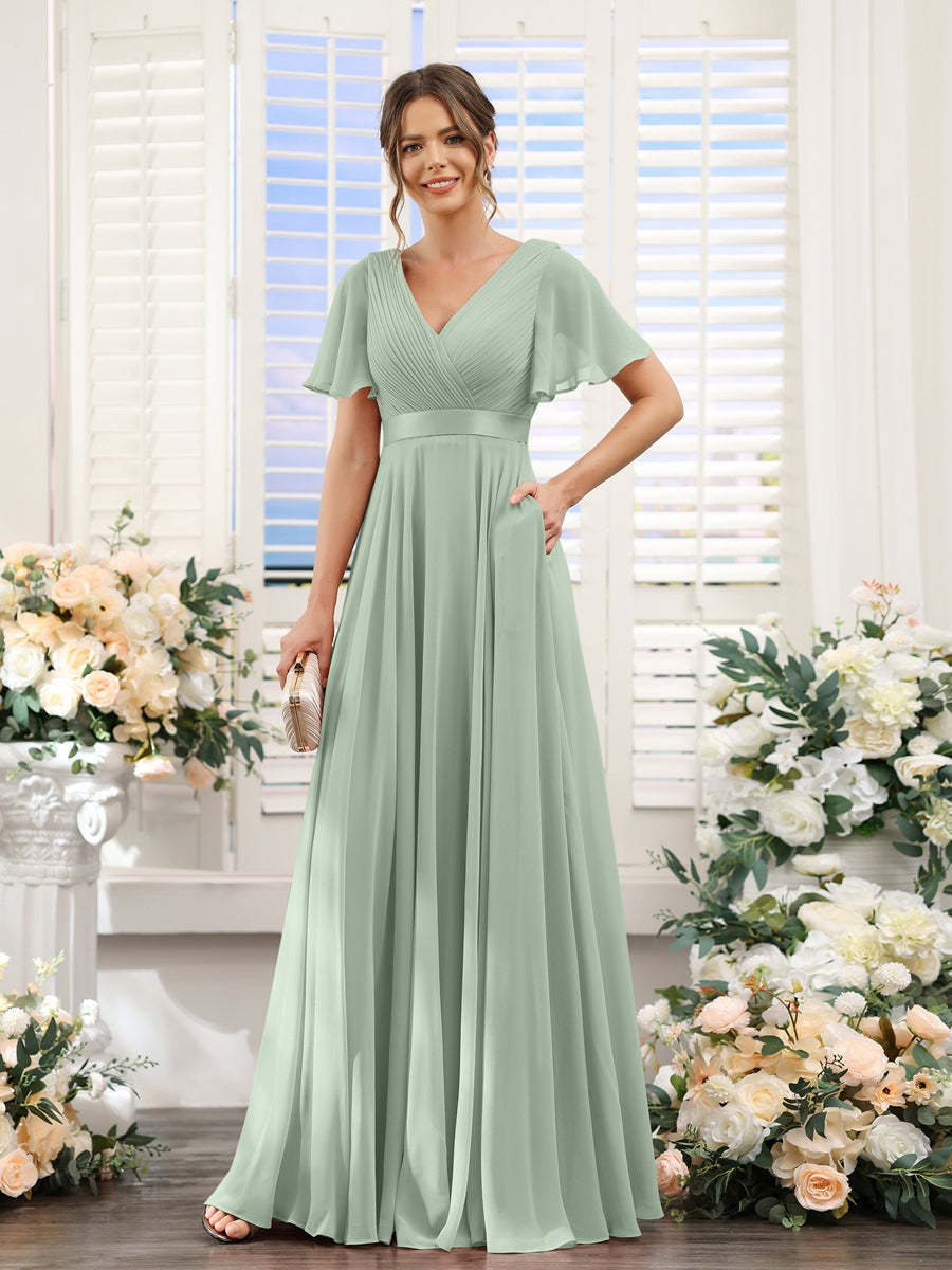 V-Neck A-Line Chiffon Bridesmaid Dresses with Short Sleeves and Pockets