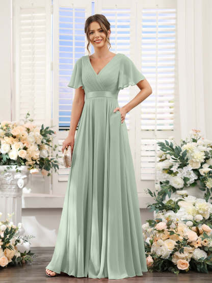 V-Neck A-Line Chiffon Bridesmaid Dresses with Short Sleeves and Pockets