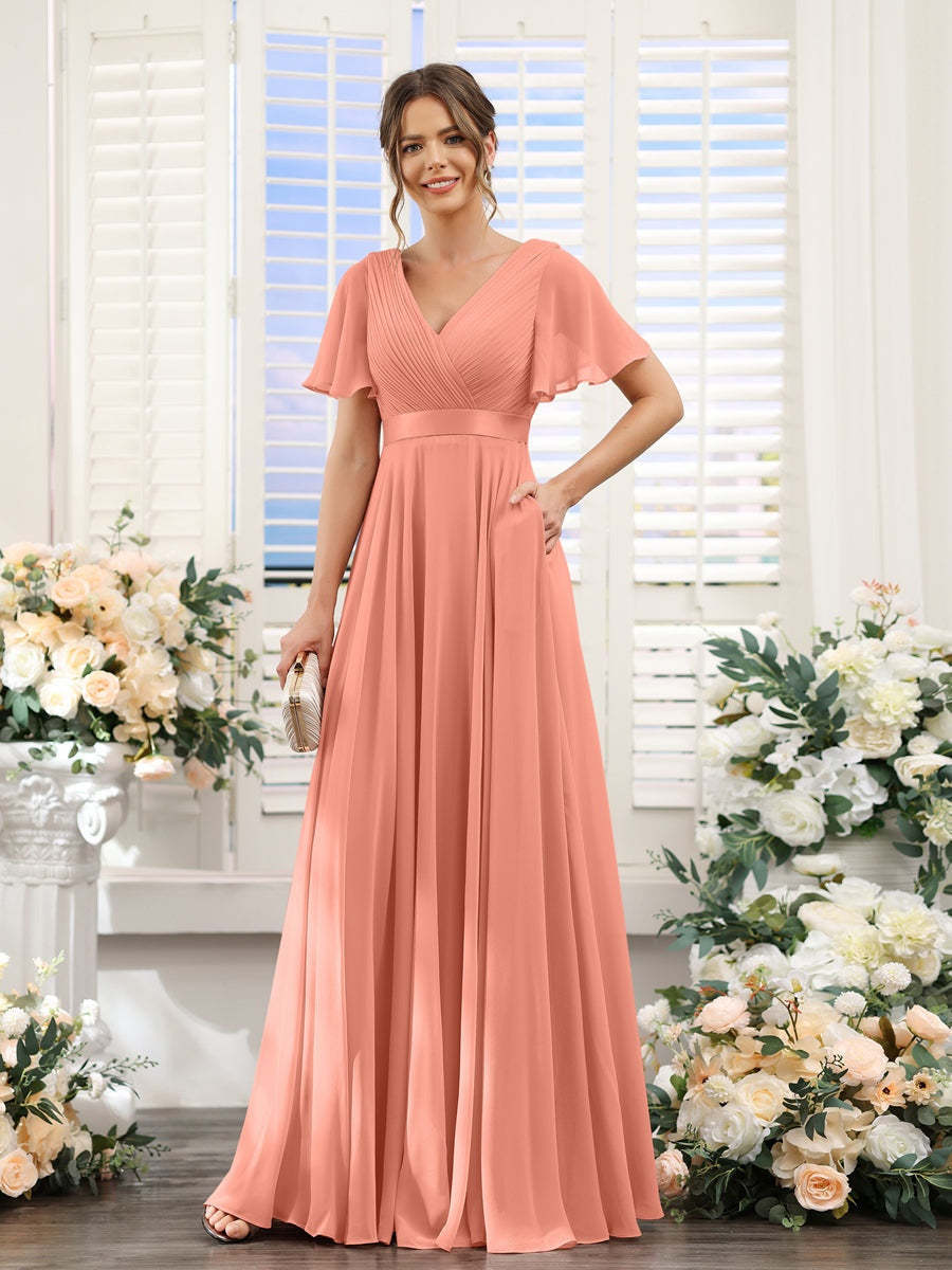 V-Neck A-Line Chiffon Bridesmaid Dresses with Short Sleeves and Pockets