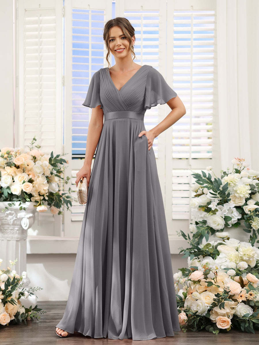 V-Neck A-Line Chiffon Bridesmaid Dresses with Short Sleeves and Pockets
