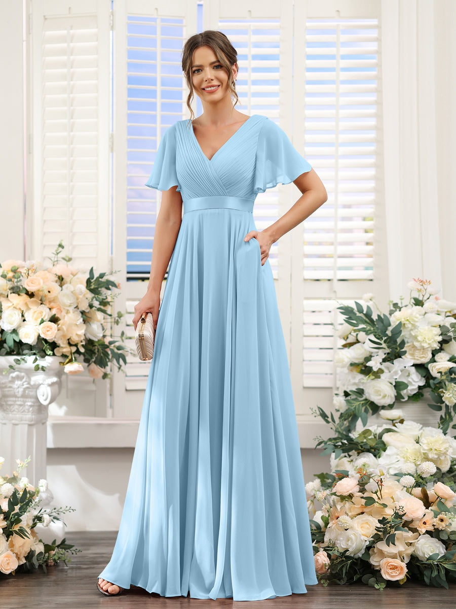 V-Neck A-Line Chiffon Bridesmaid Dresses with Short Sleeves and Pockets