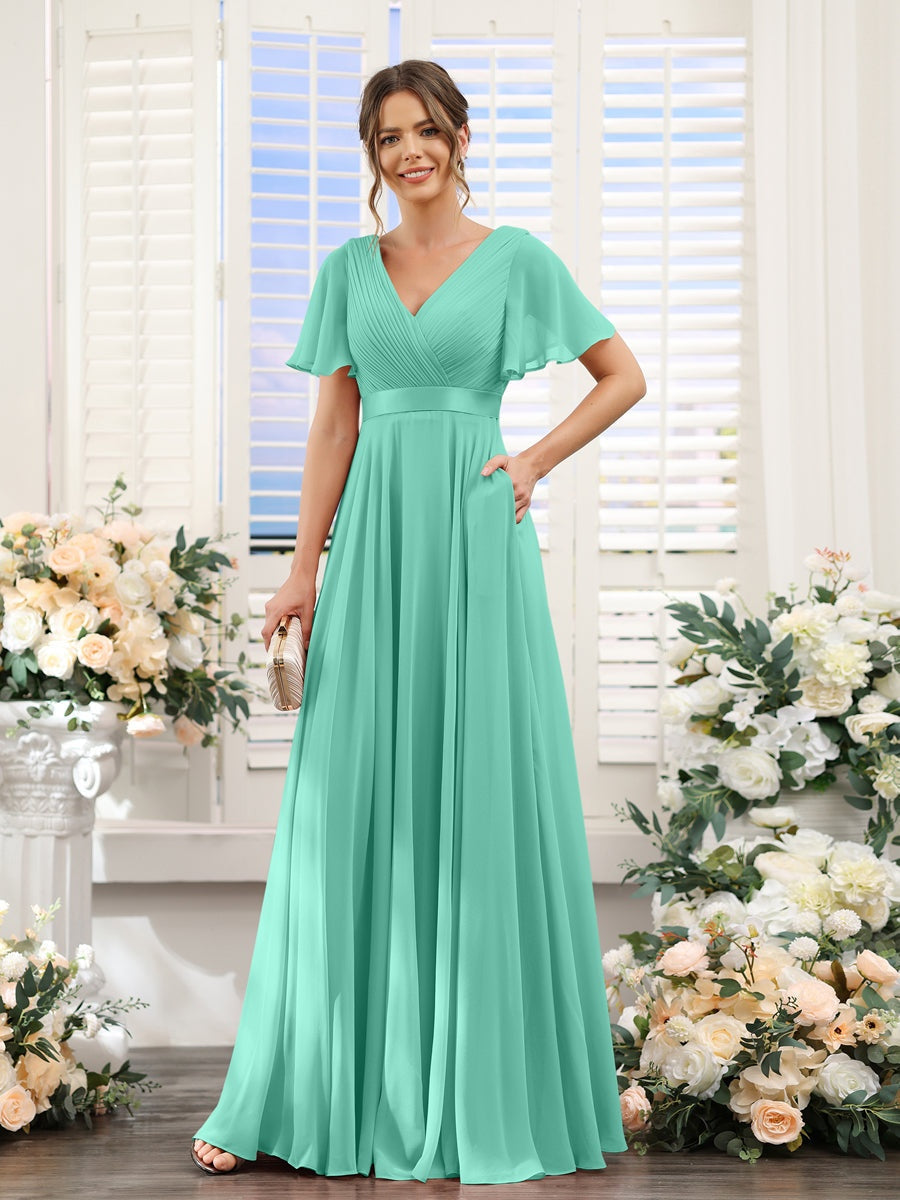 V-Neck A-Line Chiffon Bridesmaid Dresses with Short Sleeves and Pockets