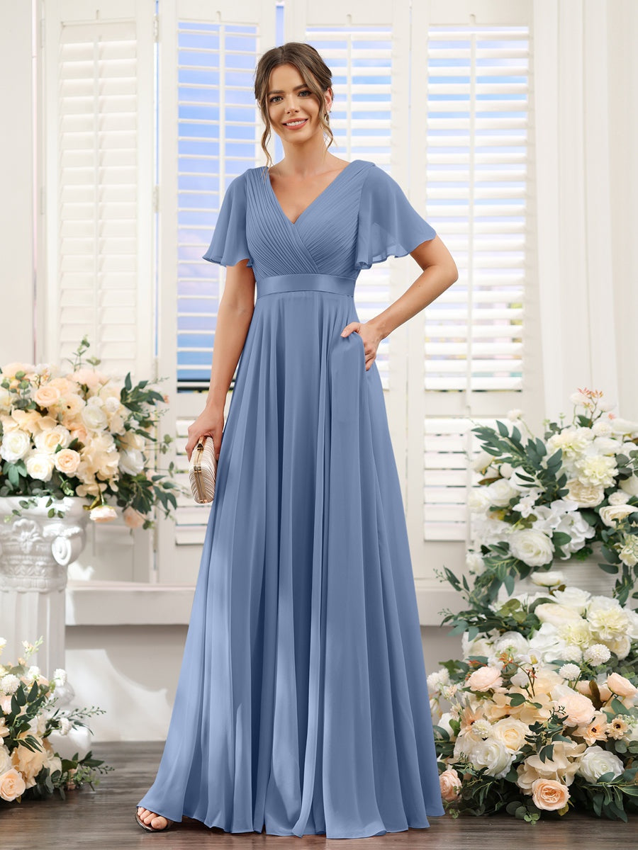 V-Neck A-Line Chiffon Bridesmaid Dresses with Short Sleeves and Pockets