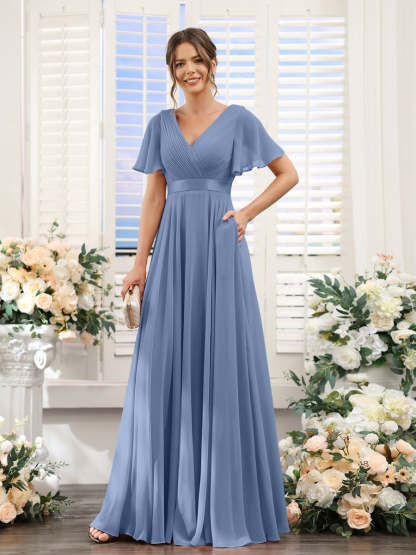 V-Neck A-Line Chiffon Bridesmaid Dresses with Short Sleeves and Pockets
