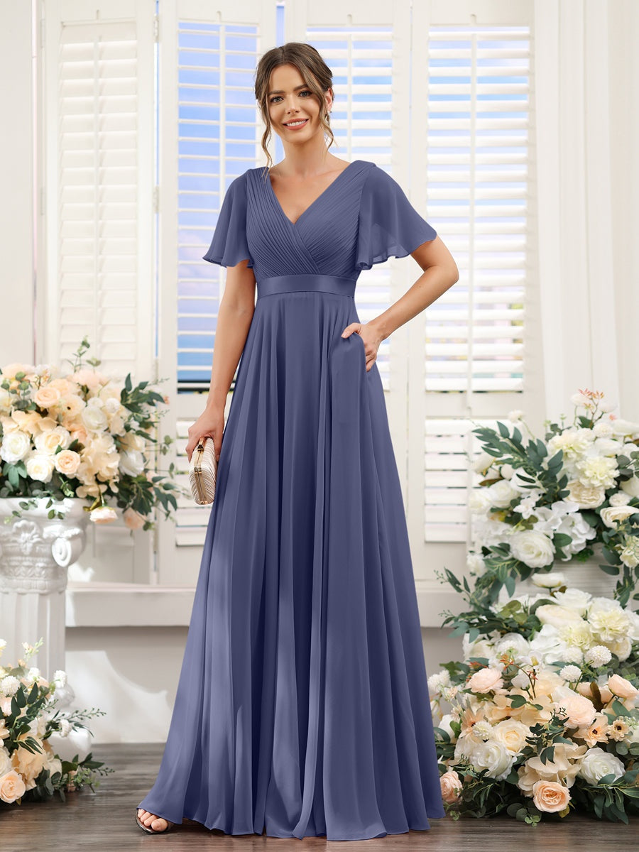 V-Neck A-Line Chiffon Bridesmaid Dresses with Short Sleeves and Pockets