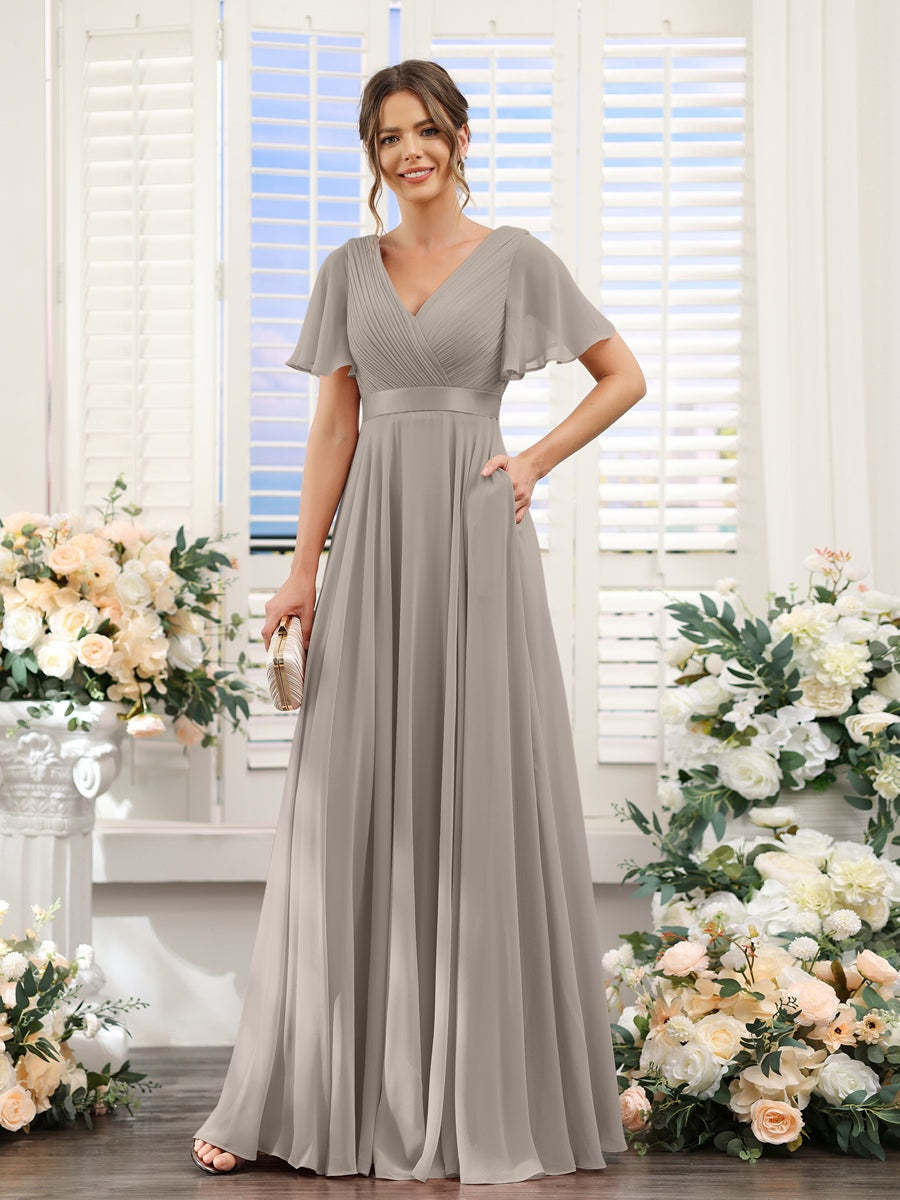 V-Neck A-Line Chiffon Bridesmaid Dresses with Short Sleeves and Pockets