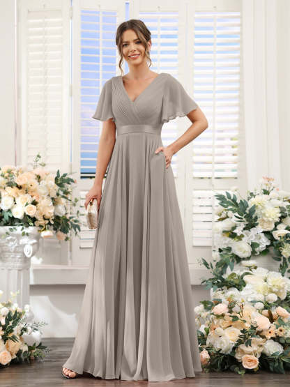 V-Neck A-Line Chiffon Bridesmaid Dresses with Short Sleeves and Pockets