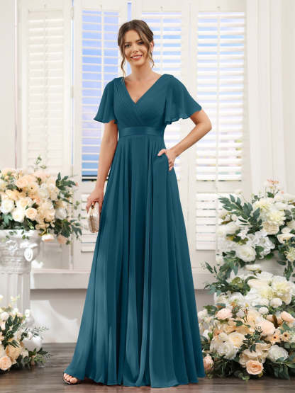 V-Neck A-Line Chiffon Bridesmaid Dresses with Short Sleeves and Pockets