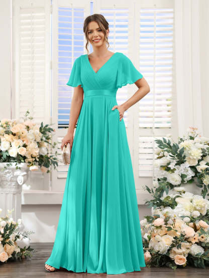 V-Neck A-Line Chiffon Bridesmaid Dresses with Short Sleeves and Pockets