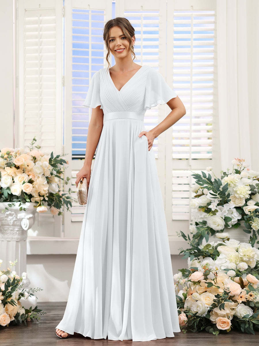 V-Neck A-Line Chiffon Bridesmaid Dresses with Short Sleeves and Pockets