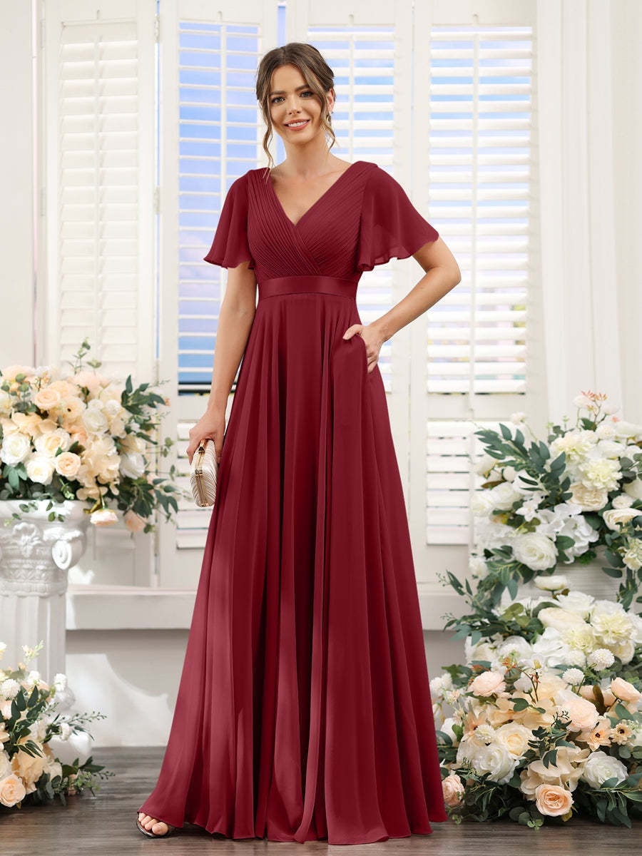 V-Neck A-Line Chiffon Bridesmaid Dresses with Short Sleeves and Pockets