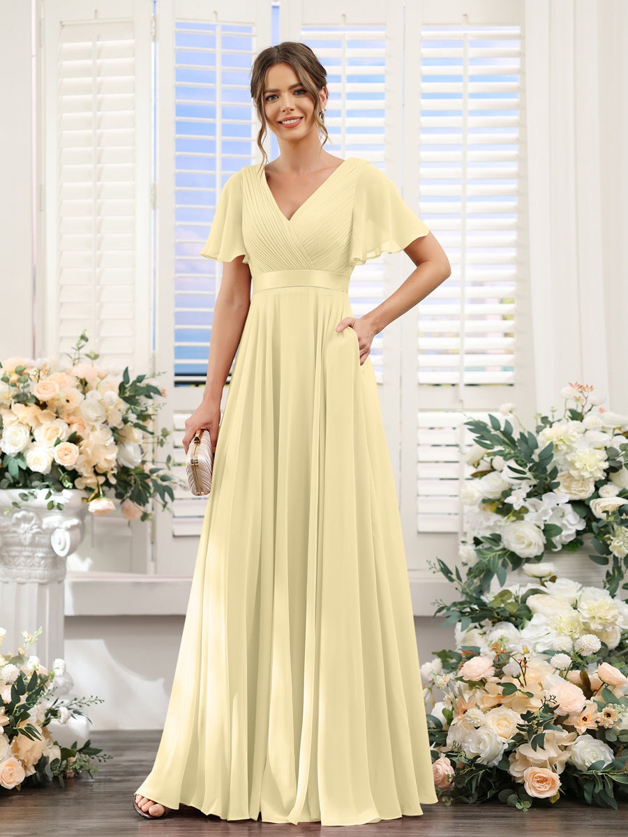 V-Neck A-Line Chiffon Bridesmaid Dresses with Short Sleeves and Pockets