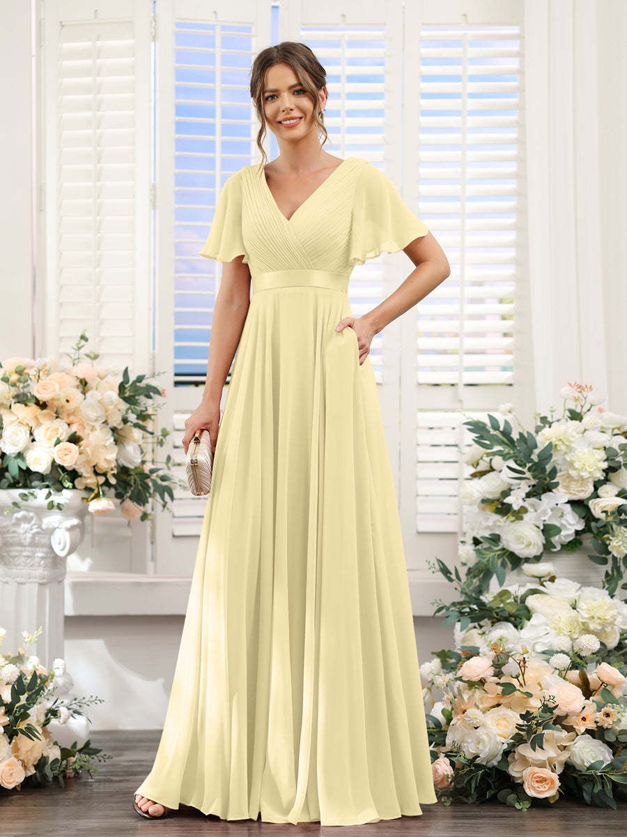 V-Neck A-Line Chiffon Bridesmaid Dresses with Short Sleeves and Pockets