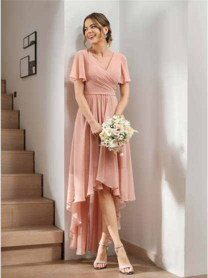 V-Neck A-Line Princess Short Sleeve Asymmetrical Ruched Chiffon Bridesmaid Dress