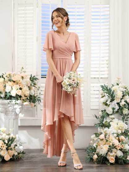 V-Neck A-Line Princess Short Sleeve Asymmetrical Ruched Chiffon Bridesmaid Dress