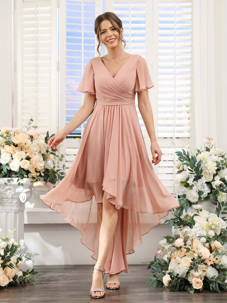 V-Neck A-Line Princess Short Sleeve Asymmetrical Ruched Chiffon Bridesmaid Dress