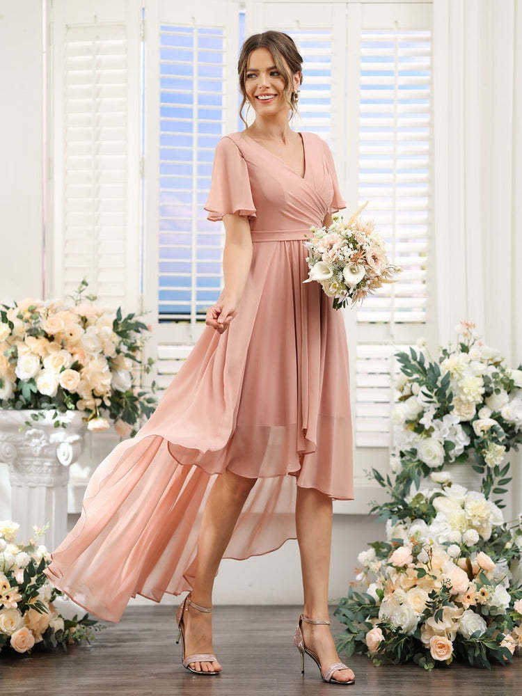 V-Neck A-Line Princess Short Sleeve Asymmetrical Ruched Chiffon Bridesmaid Dress