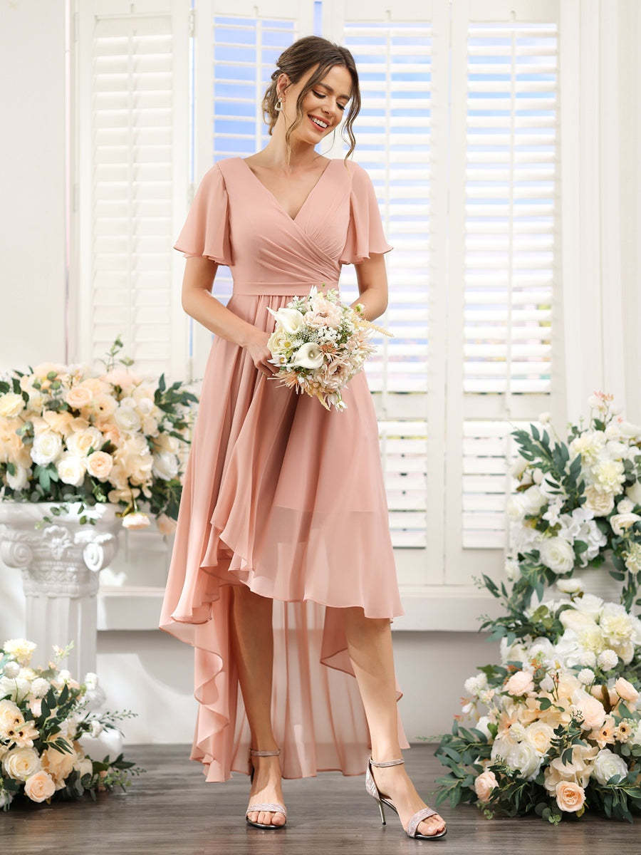 V-Neck A-Line Princess Short Sleeve Asymmetrical Ruched Chiffon Bridesmaid Dress