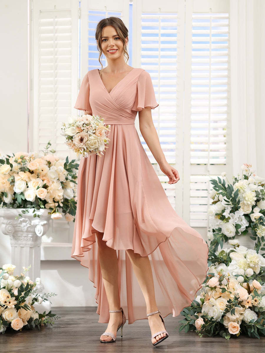 V-Neck A-Line Princess Short Sleeve Asymmetrical Ruched Chiffon Bridesmaid Dress