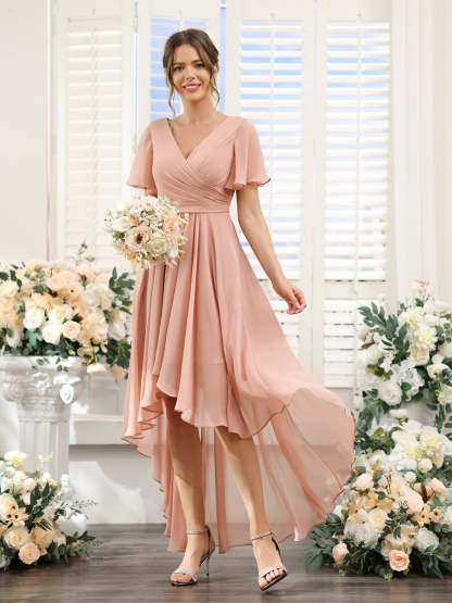 V-Neck A-Line Princess Short Sleeve Asymmetrical Ruched Chiffon Bridesmaid Dress