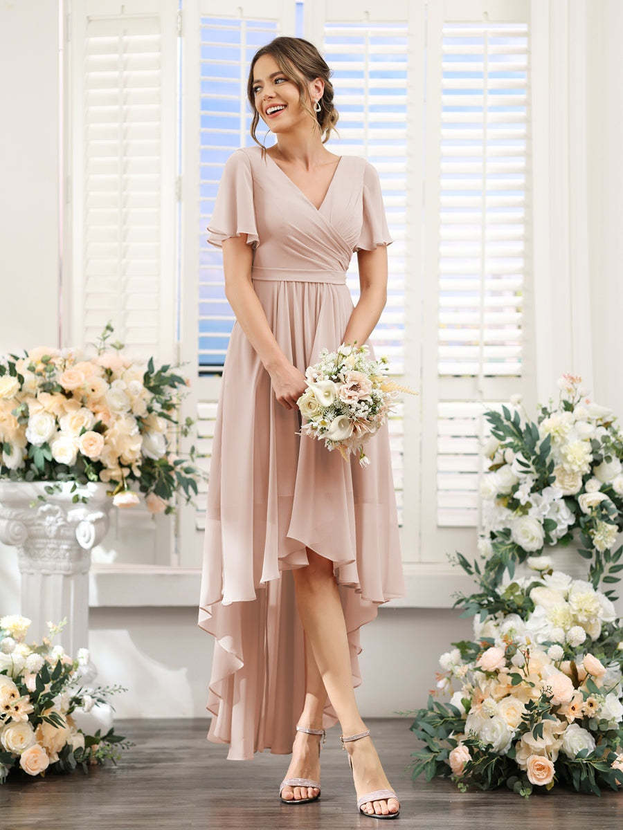 V-Neck A-Line Princess Short Sleeve Asymmetrical Ruched Chiffon Bridesmaid Dress