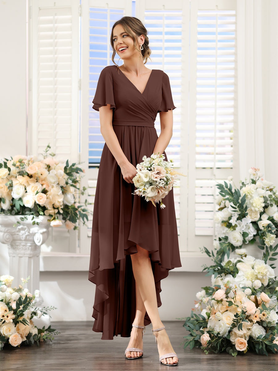 V-Neck A-Line Princess Short Sleeve Asymmetrical Ruched Chiffon Bridesmaid Dress