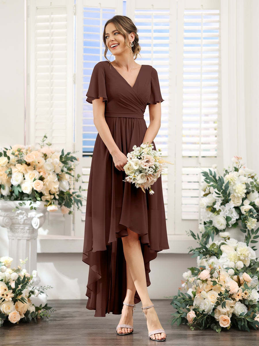 V-Neck A-Line Princess Short Sleeve Asymmetrical Ruched Chiffon Bridesmaid Dress