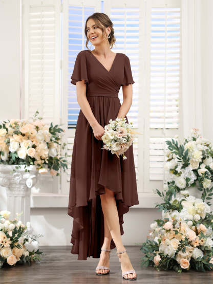 V-Neck A-Line Princess Short Sleeve Asymmetrical Ruched Chiffon Bridesmaid Dress
